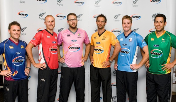 The new HRV Cup uniform is modelled by (from left to right): Brendon McCullum (Otago Volts); Chris Martin (Canterbury Wizards); Dan Vettori (Northern Knights); Grant Elliot (Wellington Firebirds); Martin Guptill (Auckland Aces) and Ross Taylor (Central St